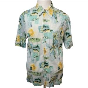 Fishing Life Men's Large Blue Cotton Hawiian Short Sleeve Marlin Hibiscus Shirt
